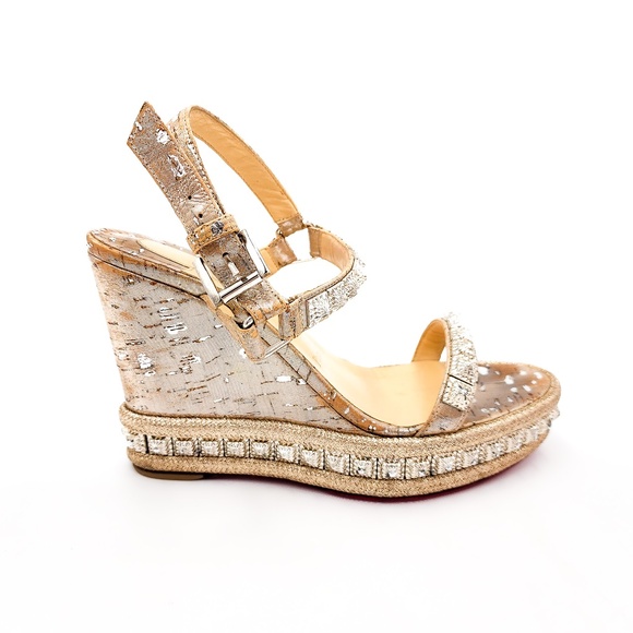 Christian Louboutin Silver Cork Platform Studded Espadrille Sandals Shoes EU 37 - Picture 2 of 10